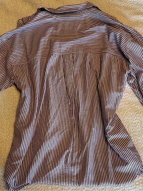 SO Women’s Vertical Stripe Button-Down Shirt in Brown and White